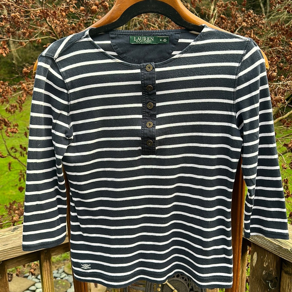 Lauren Ralph Lauren 1/4 button up long sleeve shirt blue & white stripes Size M